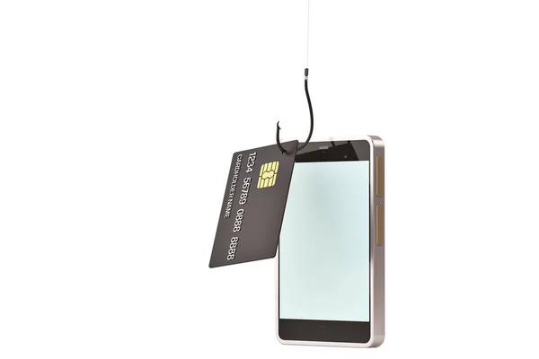 Cartão de crédito em gancho de pesca e telefone móvel.Ilustração 3D . — Fotografia de Stock