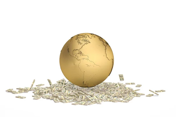 Χρυσό εικονογράφηση concept.3d παγκόσμιων οικονομικών γη και δολάρια. — Φωτογραφία Αρχείου