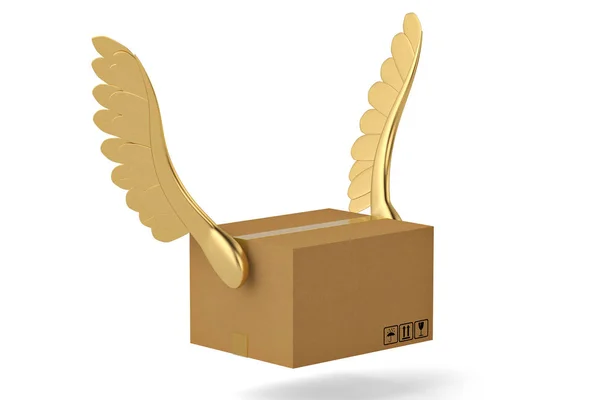 Schachtel mit goldenen Flügeln fliegende Schachtel. 3d Illustration. — Stockfoto