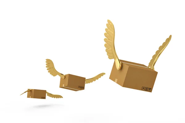 Schachtel mit goldenen Flügeln fliegende Schachtel. 3d Illustration. — Stockfoto
