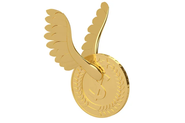 Guldmynt med guld vingar flyger coin.3d illustration. — Stockfoto