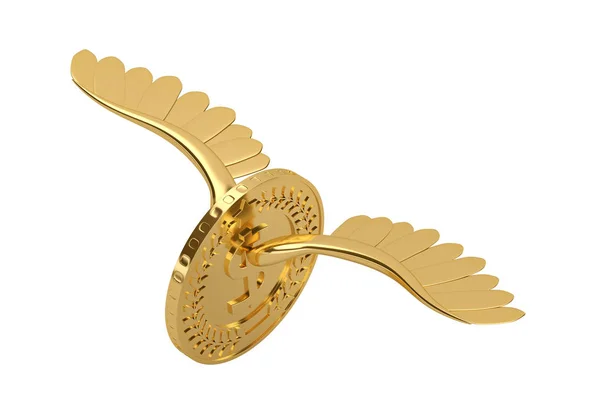 Gold coin with gold wings flying coin.3D illustration.