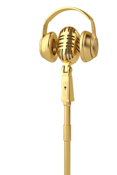 Headphone.3d イラスト黄金の古いスタイルのマイク. — ストック写真