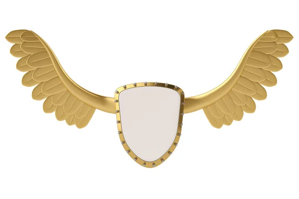Flying shield golden shield  with wings.3D illustration. — Stock Photo, Image