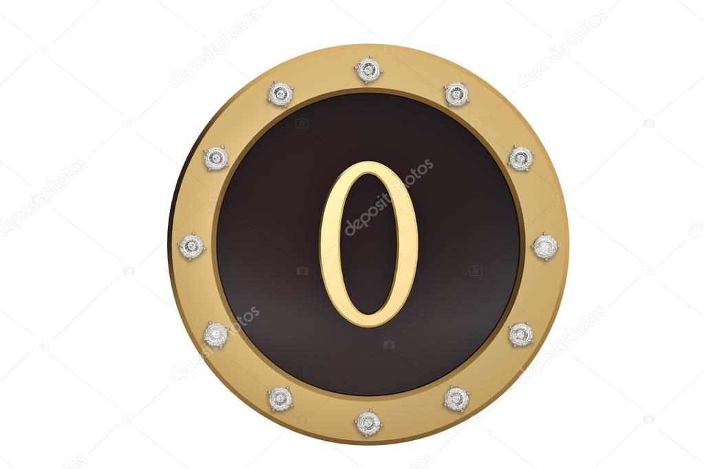 Golden and diamond framed with number 0 on white background.3D i