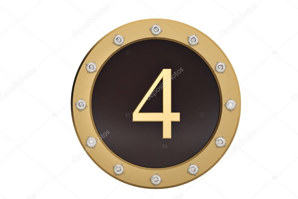 Golden and diamond framed with number 4 on white background.3D i