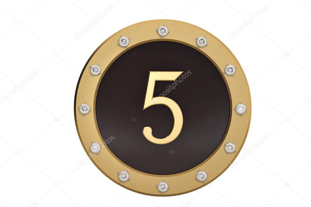 Golden and diamond framed with number 5 on white background.3D i