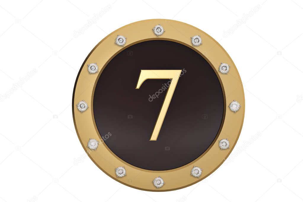 Golden and diamond framed with number 7 on white background.3D i