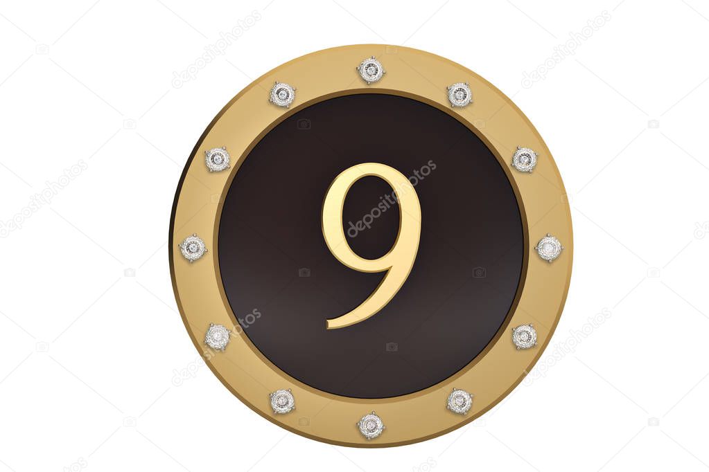 Golden and diamond framed with number 9 on white background.3D i