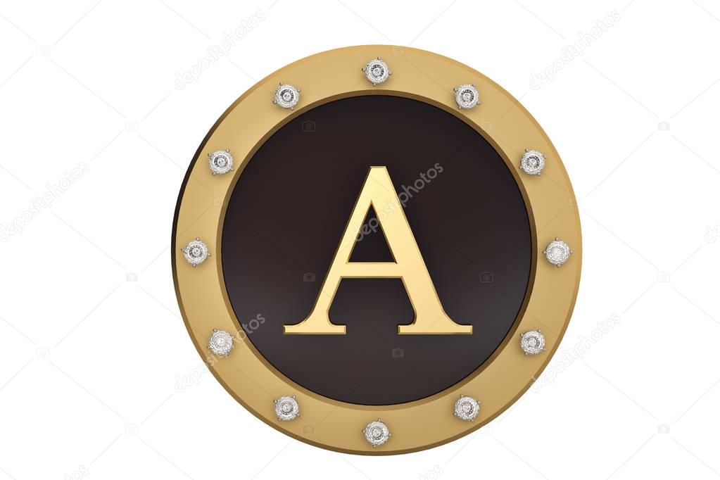 Golden and diamond framed with alphabet A on white background.3D