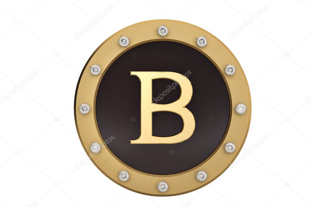 Golden and diamond framed with alphabet B on white background.3D