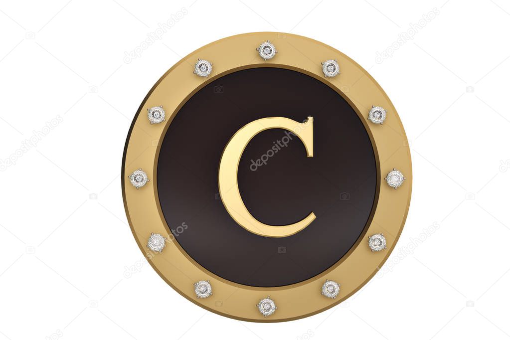 Golden and diamond framed with alphabet C on white background.3D