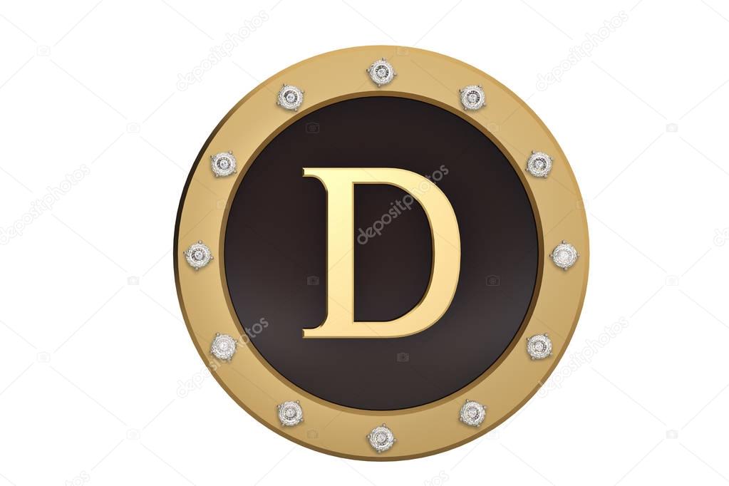 Golden and diamond framed with alphabet D on white background.3D
