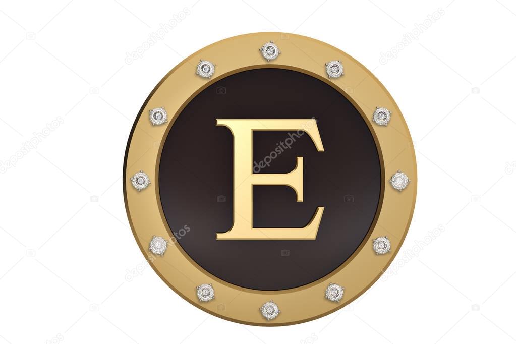 Golden and diamond framed with alphabet E on white background.3D