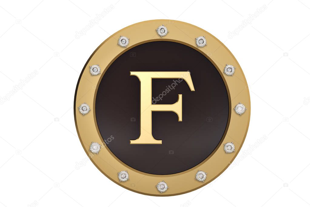 Golden and diamond framed with alphabet F on white background.3D