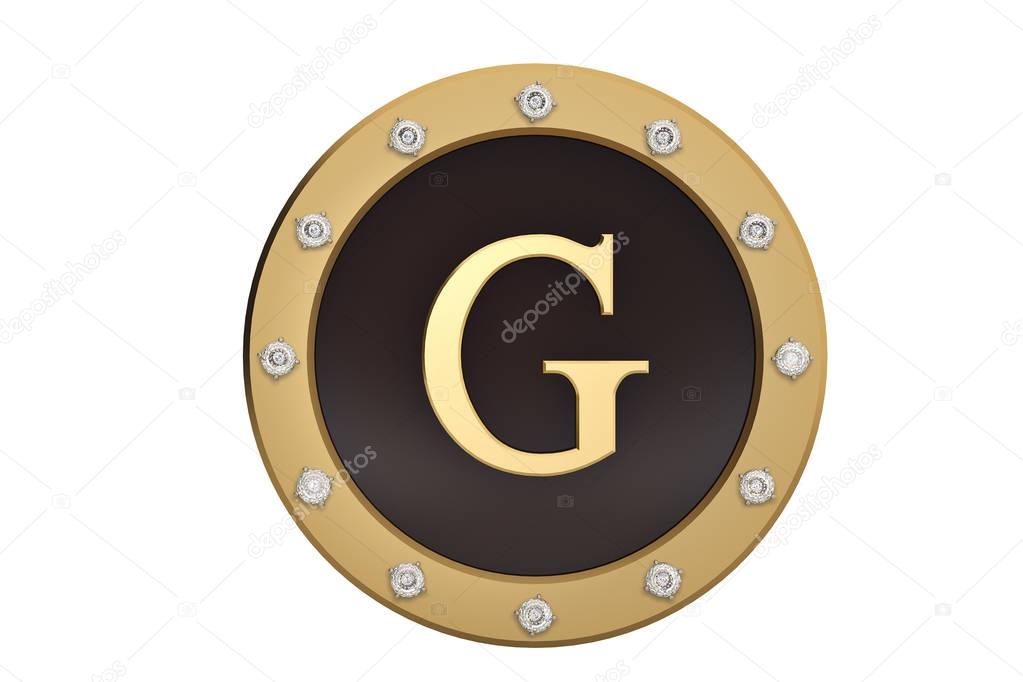 Golden and diamond framed with alphabet G on white background.3D