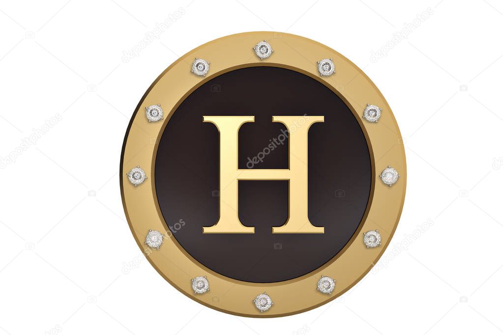 Golden and diamond framed with alphabet H on white background.3D