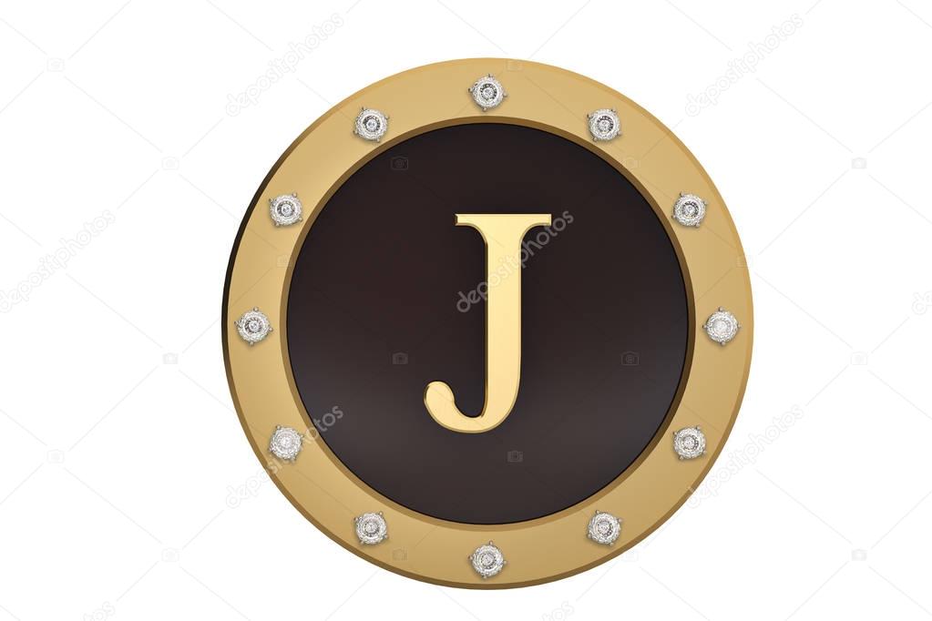 Golden and diamond framed with alphabet J on white background.3D