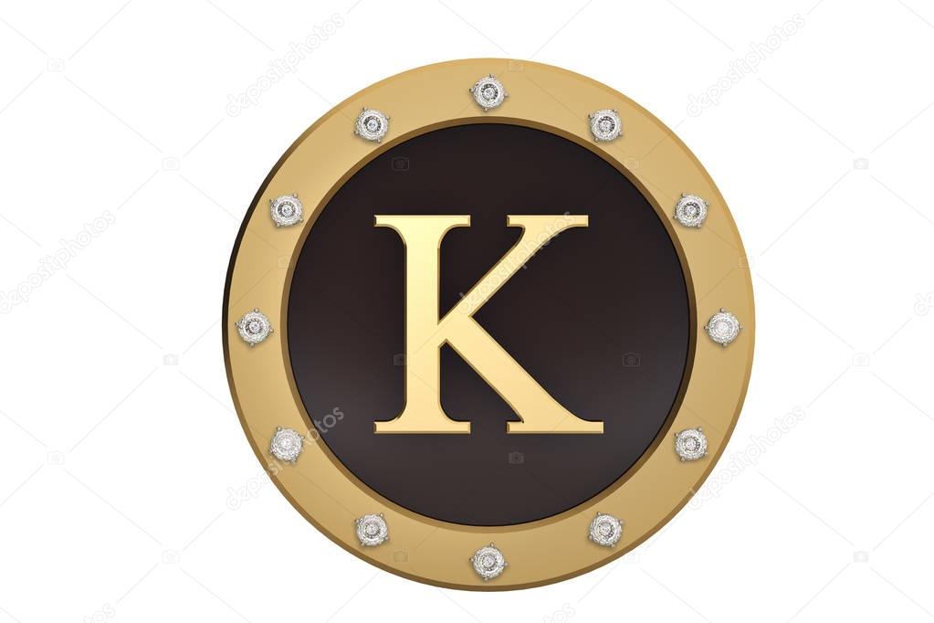 Golden and diamond framed with alphabet K on white background.3D