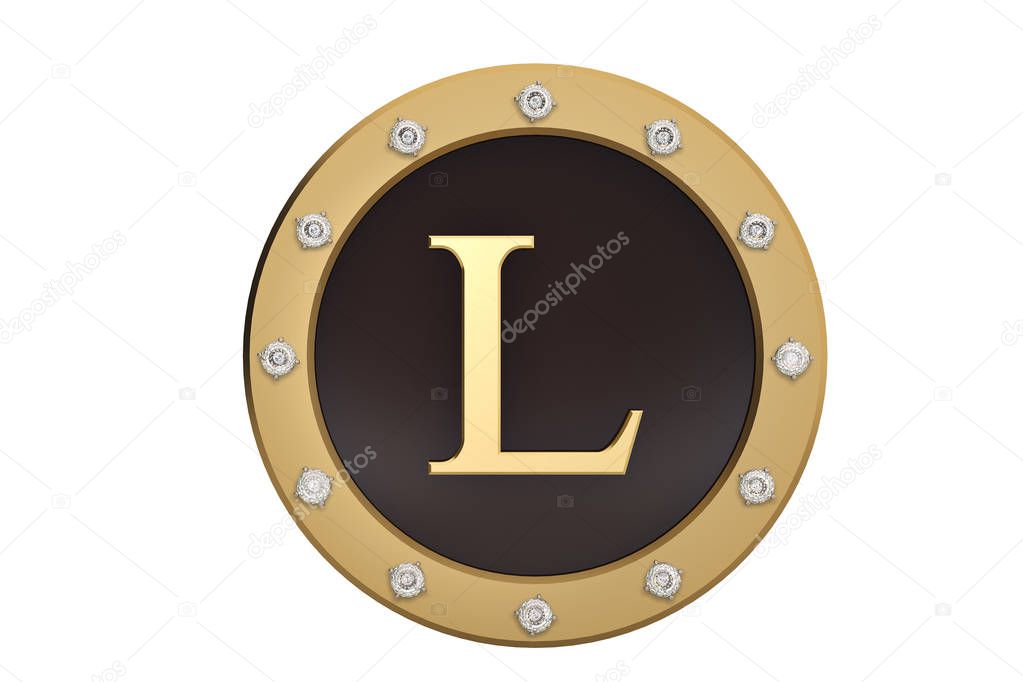 Golden and diamond framed with alphabet L on white background.3D