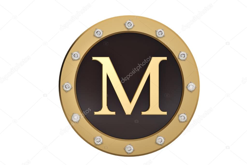 Golden and diamond framed with alphabet M on white background.3D