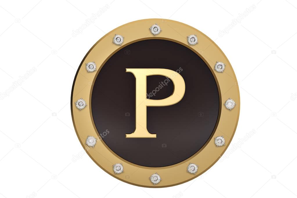 Golden and diamond framed with alphabet P on white background.3D