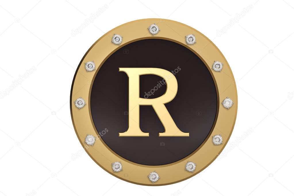 Golden and diamond framed with alphabet R on white background.3D