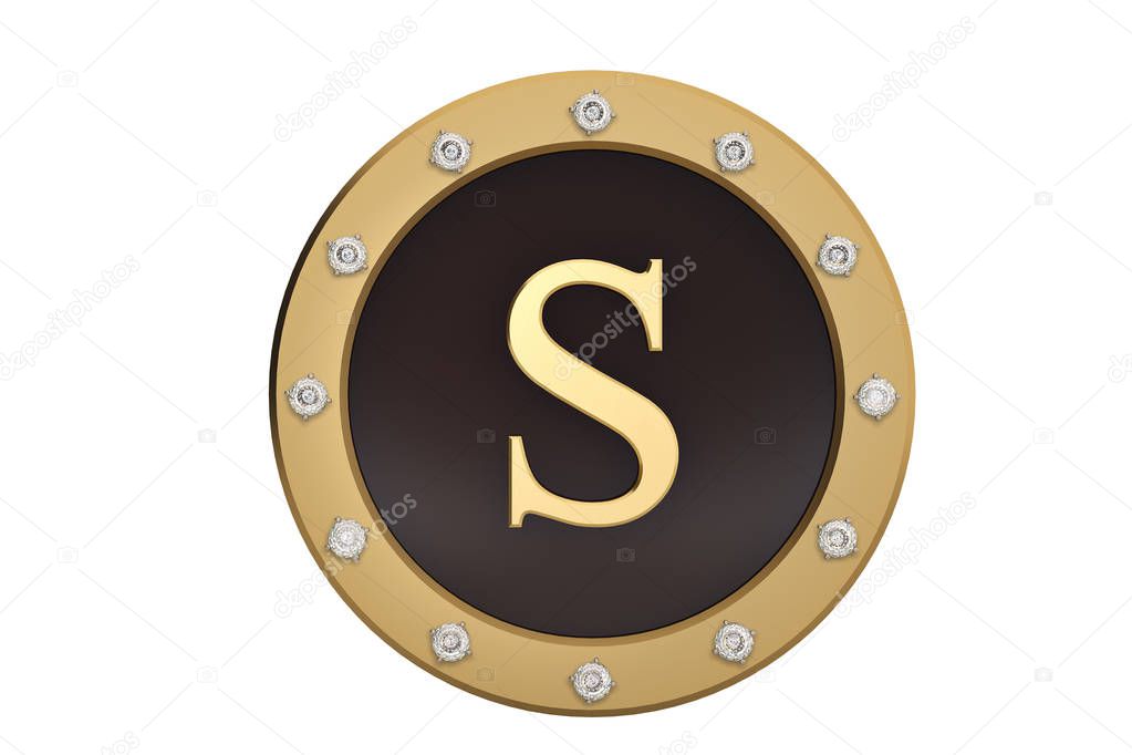 Golden and diamond framed with alphabet S on white background.3D