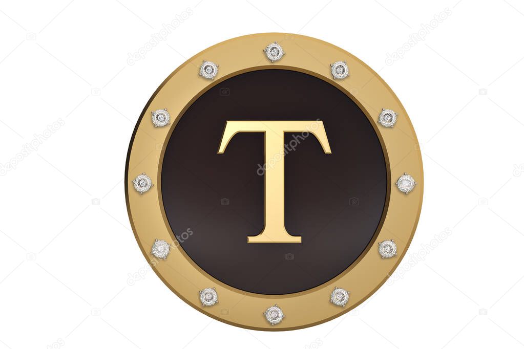 Golden and diamond framed with alphabet T on white background.3D