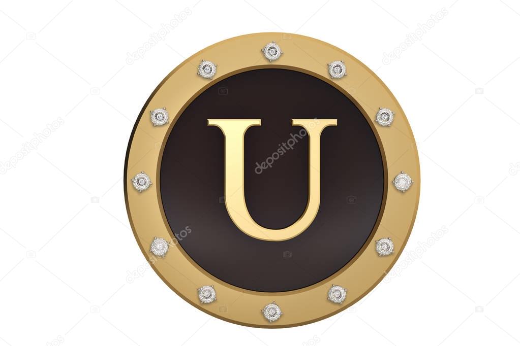 Golden and diamond framed with alphabet U on white background.3D