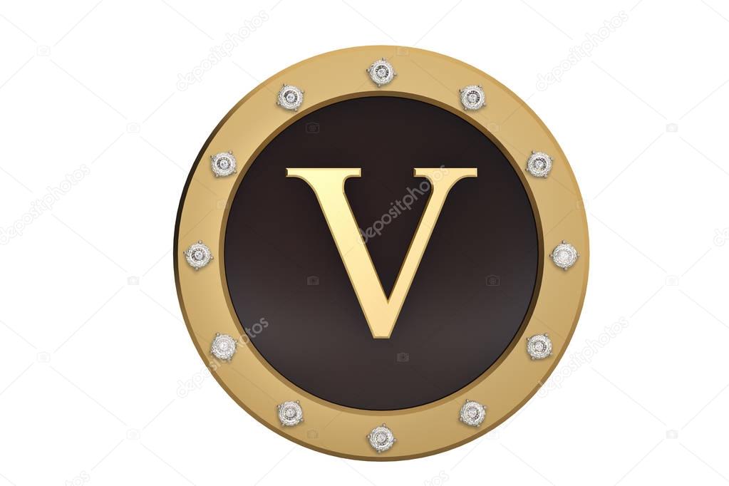 Golden and diamond framed with alphabet V on white background.3D
