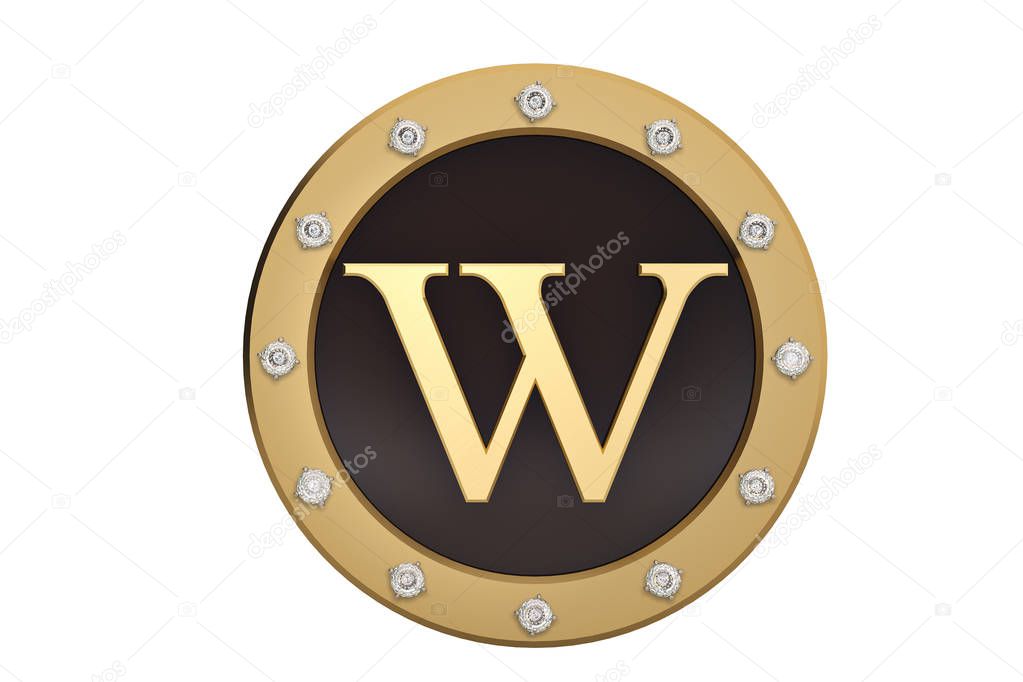 Golden and diamond framed with alphabet W on white background.3D