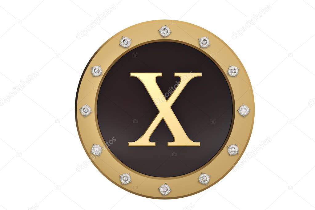 Golden and diamond framed with alphabet X on white background.3D