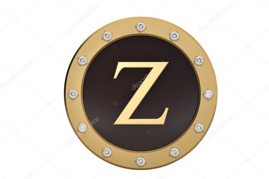 Golden and diamond framed with alphabet Z on white background.3D