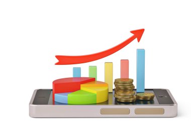 Altın sikke ve grafik üzerinde smartphone mobile.3d Hüseyin kırmızı ok ile