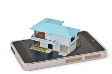 Hareket eden telefon ile eve white.3d illüstrasyon.