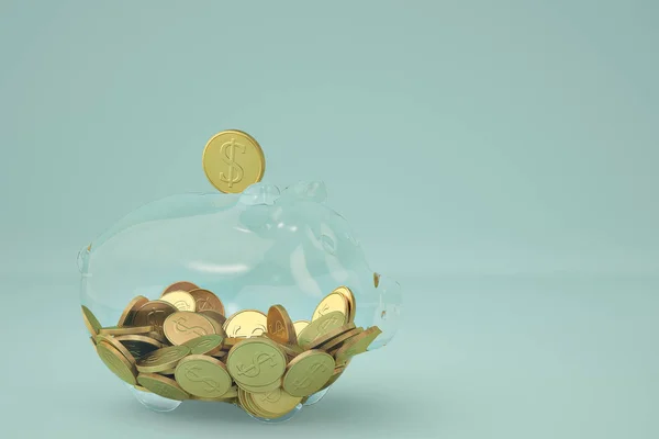 Szkła pieniądze piggy bank z ilustracja złota coins.3d. — Zdjęcie stockowe