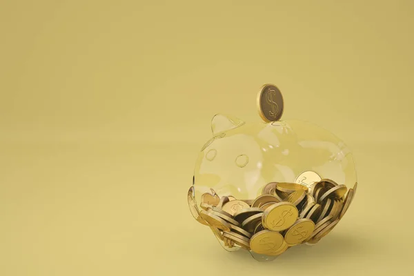 Glass piggy money bank with gold coins.3D illustration.