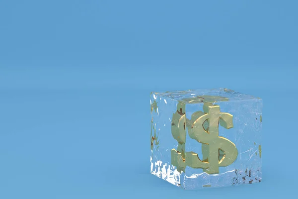 Signo de dólar de oro en cubitos de hielo sobre fondo azul incluyen path.3D —  Fotos de Stock