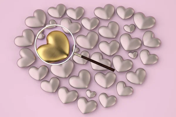Gold and silver heart with magnifier on pink background.3D illus — Stock Photo, Image