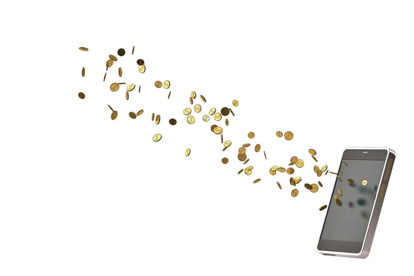 Mobiltelefon mit Goldmünzen.3d Abbildung. — Stockfoto