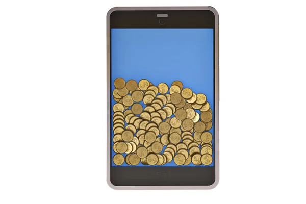 Мобильный телефон с золотыми монетами. . — стоковое фото
