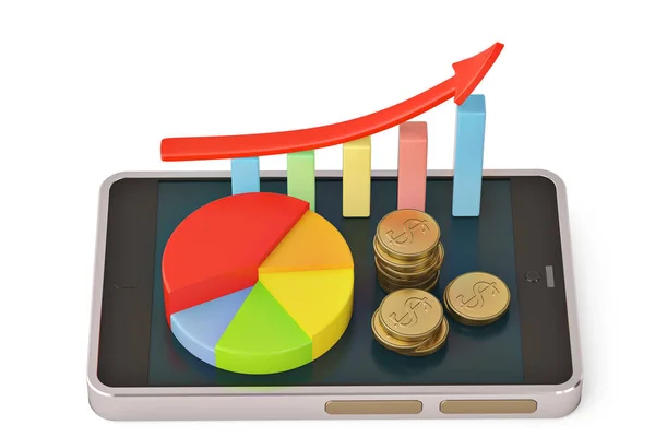 Monete d'oro e grafico con freccia rossa su smartphone mobile.3D illu — Foto Stock