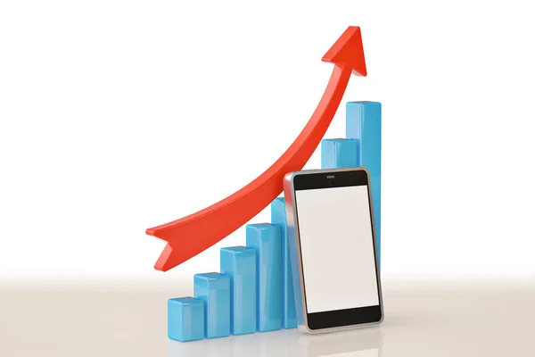 Wykres biznesowych z rosnących pozdrowienie strzałek i smartphone.3d — Zdjęcie stockowe