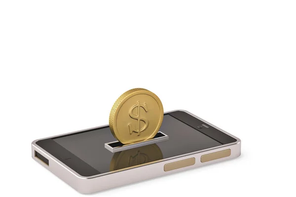 Duża moneta złota i ilustracja mobilnych phone.3d. — Zdjęcie stockowe