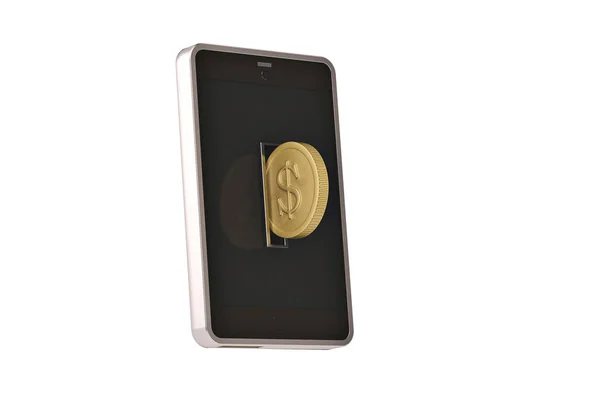 Большая золотая монета и мобильный телефон. . — стоковое фото