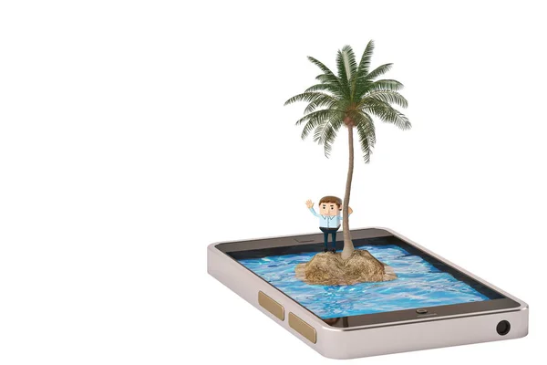 Tropisch eiland op mobiele telefoon eenzame concept.3d afbeelding. — Stockfoto