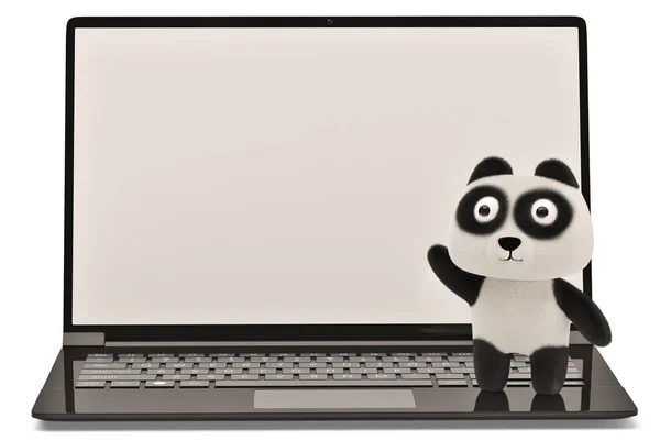 A laptop and cartoon panda on white background.3D illustration. — Stock Photo, Image