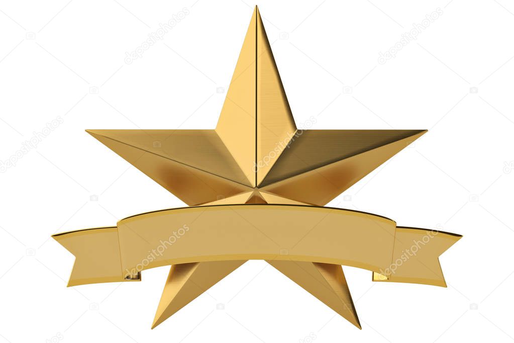 Golden stars with ribbon on white background.3D illustration
