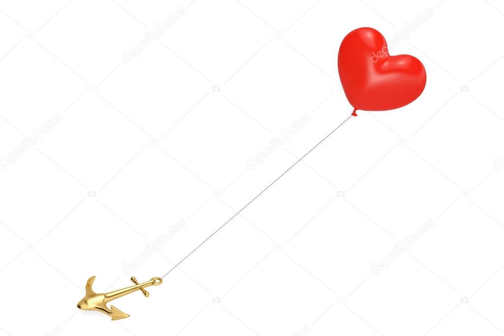 Love concept as a red heart balloon on a gold anchor.3D illustra